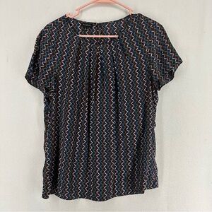 Talbots Silk Geometric Cap Sleeve Short Sleeve Blouse 10 Navy‎ Blue
